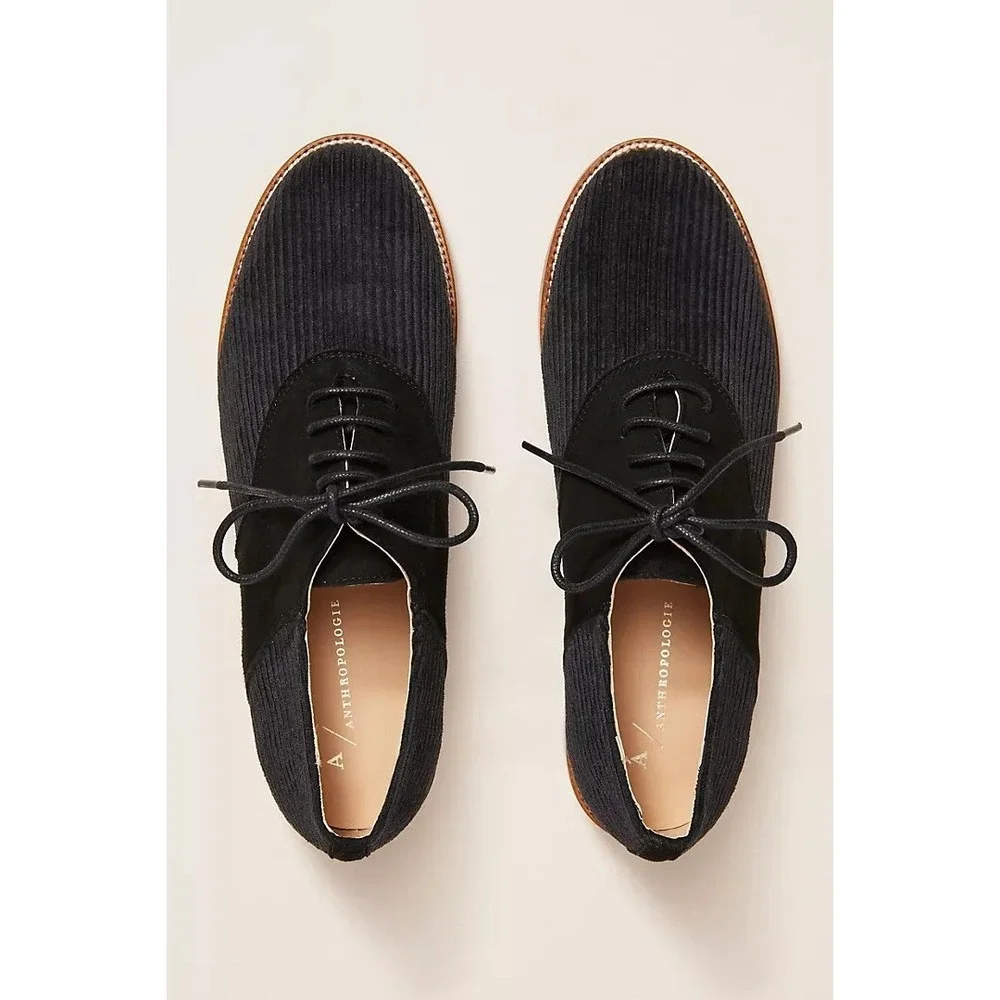 Anthropologie Corduroy Oxford Loafers Women's EU 37 6.5  Black Lace-Up Shoes NEW